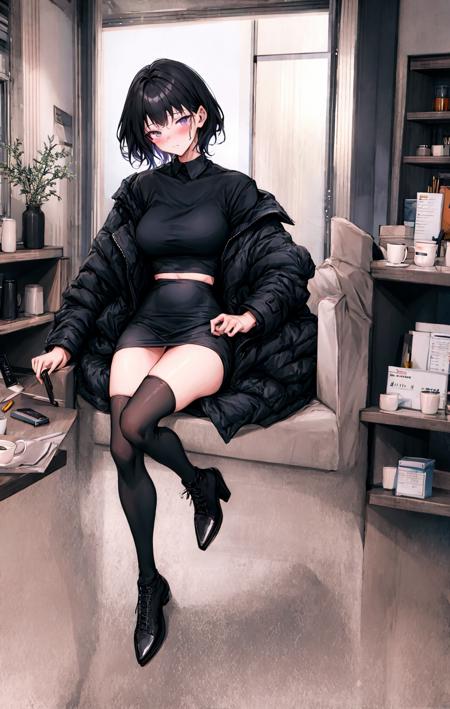 1girl, bangs, black_footwear, black_hair, black_jacket, black_legwear, blush, boots, bottle, breasts, can, chair, closed_mouth, coat, computer, cup, full_body, high_heel_boots, high_heels, indoors, jacket, long_sleeves, looking_at_viewer, mole, mole_under_eye, monitor, mug, office_lady, open_clothes, open_coat, open_jacket, pencil_skirt, purple_eyes, shirt, short_hair, sitting, skirt, solo, thighhighs, thighs, white_shirt, zettai_ryouiki <lora:style_LM7:1>