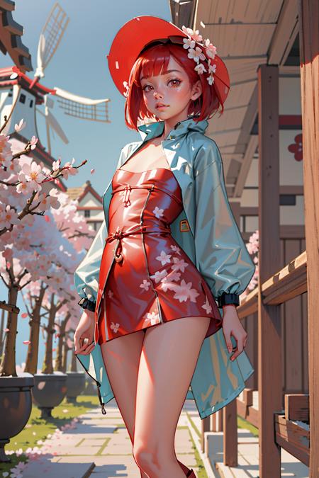 (masterpiece), (best_quality), (ultra-detailed), (illustration), (welcoming), 2girls, (animalistic maiden:1.3), (in a cherry blossom, immaculate field of windmills:1.3), full body, crimson hair with red highlights, bob cut, [:skimpy costume design:0.2], legwarmers,glasses,lying on ground, (small breasts:1.5), wide hips, tall, athletic slim toned hourglass figure,skindentation, (raincoat:1.2), (asian:1.3), official art, vivid color, finely detailed, hyper detailed, 8k, high resolution illustration, absurdres, intricate detail <lora:EnvyBeautyMix02:1>