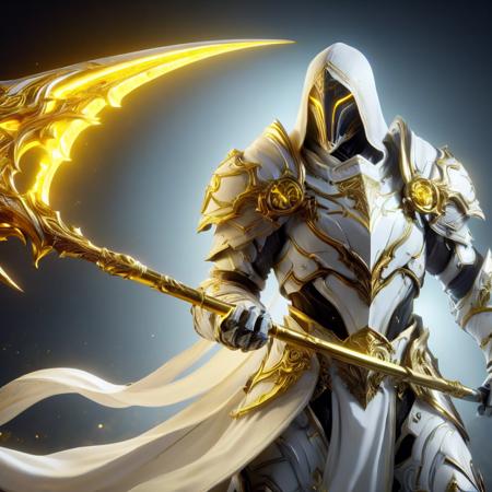 Action shot of fantasy paladin knight, wearing white armor, wielding glowing yellow scythe, taken on a PC running a Nvidia GeForce RTX 4090 at maximum settings, raytraced, photorealistic, hyper detailed, 16K, HDR, raytraced, upscaled