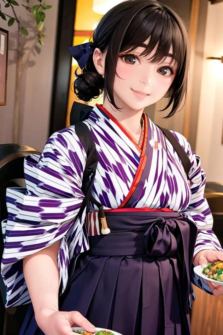 masterpiece, best quality, ultra-detailed, illustration,
BMC, yagasuri, japanese clothes, 1girl, realistic, smile, waitress, hakama skirt, food, hakama, solo focus, real life insert, skirt, brown hair, yagasuri,
 <lora:BasyamichiV6:0.8>