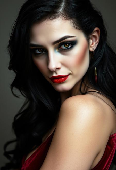 A striking, 40-year-old Caucasian woman, her pale skin contrasting with dark, sultry eyes. Her long, raven-black hair cascades in loose waves, framing a face adorned with gothic-inspired makeup: dark, smoky eyes and a deep, blood-red lip. She's dressed in a form-fitting, velvet gown, its deep crimson hue echoing the intensity of her gaze. Her posture is languid, exuding an air of both vulnerability and power. A knowing smirk plays on her lips, hinting at secrets and desires.