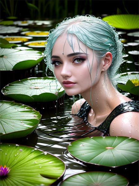 beautiful pixie woman emerging from a pond, detailed+ eyes, wet hair, beautiful feminine face, lotus flowers, lily pads, wet, dripping, masterpiece, best quality, high contrast, soft lighting, backlighting, bloom, light sparkles, chromatic aberration, smooth, sharp focus