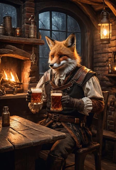 fantasy anthropomorphic a fox warrior in dark tavern holding a pint of ale in a cozy environment with gas lamps rustic wood warm brick fireplace and frosted glass windows