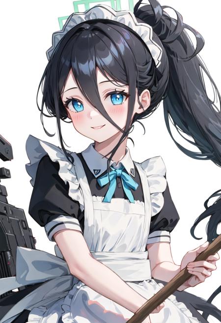 best quality, masterpiece, highres, solo, {arisu_bluearchive:0.90}, 1girl, black_dress, broom, closed_mouth, enmaided, looking_at_viewer, maid_apron, maid_headdress, smile, white_apron, white_background, blush, holding, ponytail, frilled_apron, puffy_short_sleeves, simple_background, heart, neck_ribbon