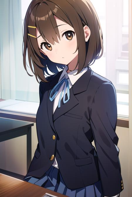 yuihirasawa, <lyco:yuihirasawa-LYCORIStest:1>,
yui hirasawa, (brown eyes:1.5), brown hair, hair ornament, hairclip, medium hair, (flat chest:1.2),
BREAK black pantyhose, blazer, blue jacket, blue ribbon, blue skirt, buttons, collared shirt, jacket, long sleeves, neck ribbon, pantyhose, pleated skirt, ribbon, sakuragaoka high school uniform, school uniform, shirt, skirt, white shirt, winter uniform,
BREAK looking at viewer,
BREAK indoors, classroom,
BREAK <lora:GoodHands-vanilla:1>, (masterpiece:1.2), best quality, high resolution, unity 8k wallpaper, (illustration:0.8), (beautiful detailed eyes:1.6), extremely detailed face, perfect lighting, extremely detailed CG, (perfect hands, perfect anatomy),