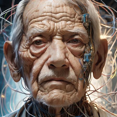 portrait of old man, skin peeling to reveal cybernetics, wires, art by ryo shiotani and greg rutkowski, intricate, beautiful, portrait photography, cinematic lighting, vintage art by serge ivanoff, high resolution, very detailed