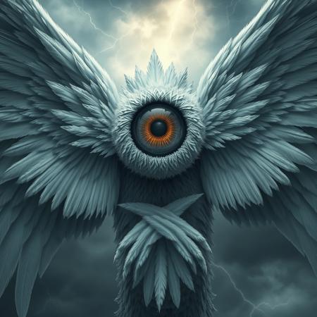 An Old Testament seraph rendered in a creepy photorealistic manner. The creature consists of one huge, hyperrealistic eye covered in fine feathers. Six large white wings are tightly packed, with no gaps: two lower wings crossed under the eye, two upper wings above the eye, and two wide side wings spread out to the sides. The wings are detailed, with feather textures that create an effect of unnatural tightness. The eye is frightening, with a pronounced vascular network, the pupil is in sharp contrast. The background is a stormy sky with lightning, gloomy, apocalyptic. Style: grimdark, high detail, cinematic light, frightening hyperrealism.