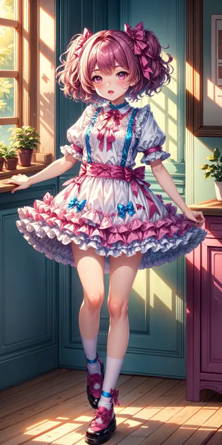 White, Electric Blue and Hot Pink Ribboned Shiny Satin Dress