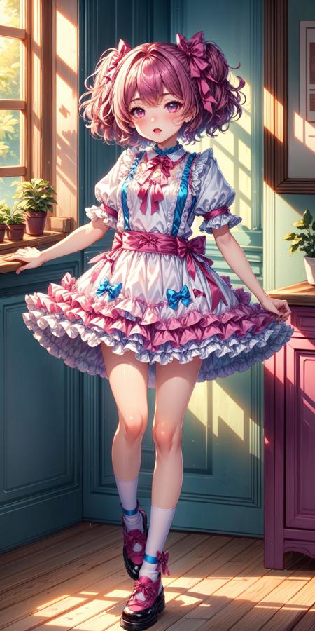 White, Electric Blue and Hot Pink Ribboned Shiny Satin Dress V1