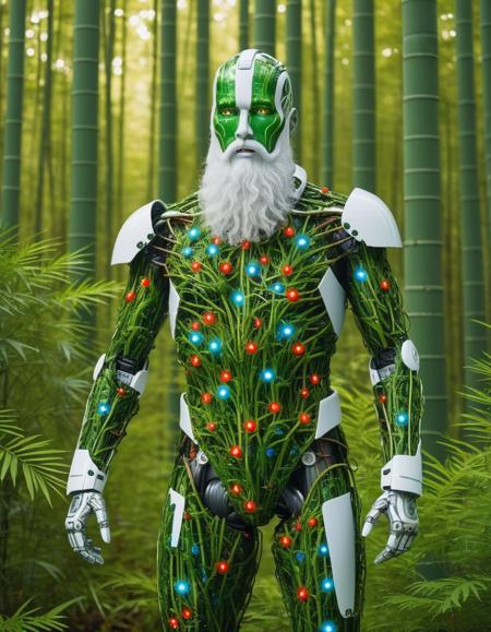 cybernetic ai robotic android man with a big white beard wearing an xmas suit, glowing eyes, exposed circuits, Gentle bamboo forest, whispering winds, serene shade, peaceful stalks, green haven., a digital rendering