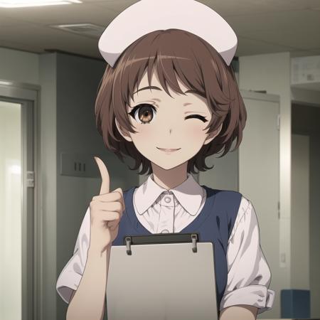 MizunoSanae 1girl, solo, brown hair, hat, short hair, watch, brown eyes, wristwatch, nurse cap, nurse