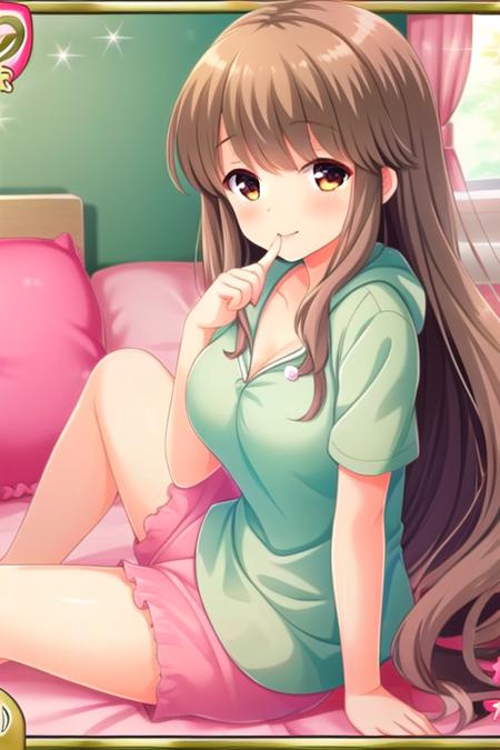 masterpiece, best quality, highly detailed background, perfect lightingbest quality, <lora:Arisugawa-Saeko:0.8>, 1girl, solo, solo focus, brown hair, bangs, very long hair, brown eyes, bow, breasts, sitting, smile, sleepwear, cleavage, pink shorts, pajamas, barefoot, bed, finger to mouth, hood, pink shorts, looking at viewer, yellow jacket, pink blush, loungewear, indoors, on floor, smile, closed mouth, pink lips.