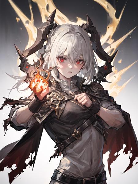 absurdres,(solo:1.6),stand-jojo,upper body,1girl,red eyes, white hair, 
gradient_background,
burning,breathing fire, explosion,fiery tail,
torn clothes,cape,
<lora:K-SUWABE-STYLE:0.6>,