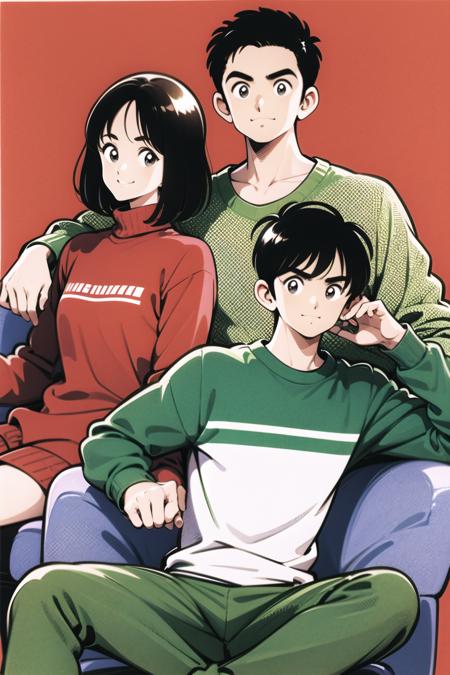 shirt, 1girl, pants, green sweater, sweater, red shirt, smile, simple background, green shirt, white background, black hair, 2boys, long sleeves, short hair, brown hair, plaid shirt, red sweater, plaid, looking at viewer, multiple boys, bangs, sitting, collared shirt, black eyes,  <lora:Adachi_v2:0.8>,