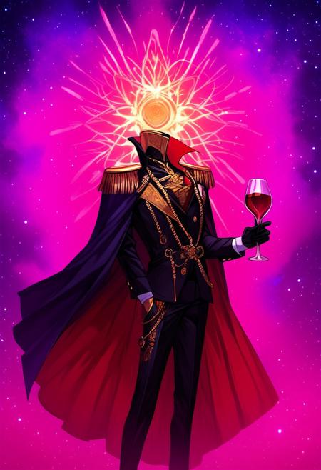 h3ad,object_head,headless,faceless,purple cosmic spiral,
BREAK score_9, score_8_up, score_7_up, male_focus, bishounen, <lora:Uglystyle11a:-1>,
BREAK Detailed clothings, gold embroideries and flower patterns on clothings, 
BREAK Looking at the side, holding a glass of wine,
BREAK Black formal military-inspired suit with high collar and fitted long-sleeve jacket, gold buttons, gold epaulettes, cape with purple cosmic interior decors, wearing black leather gloves, matching black and gold trousers with stripes,
BREAK 0ut3rsp4c3, blue and pink gradient behind cape, detailed background,
