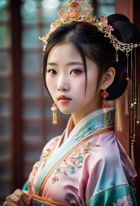 Embody the essence of celestial fantasy with an enchanting vision of a petite yet charming Chinese girl. the girl is supposed to be the most beautiful girl ever created. Consider details such as soft hair, sheer short-hanfu and shimmer. Include subtle details of ghostly iridescence. emphasize small fancy details and ornate jewelry. Camera: Use interesting and dynamic composition.  epiCPhoto, <lora:pytorch_lora_weights:0.5>, <lora:breastsizeslideroffset:0.05>, <lora:nagachichiD:0.5>, <lora:FilmVelvia3:0.3>, <lora:more_details:0.6>