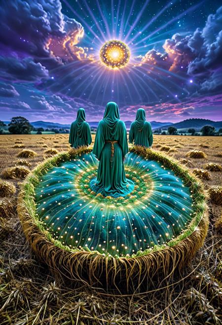 Farmers stand in a field of stylized golden hay, but the sky is no longer blue—it churns with primal strokes of green and violet, suggesting thoughts or spirits escaping into the air., visionary art, psychedelic, spiritual themes, cosmic consciousness, human interconnectedness, bold colors, surreal imagery, life and death, environmental awareness, social commentary, divine unity, vibrant landscapes, spiritual erotica, intricate details