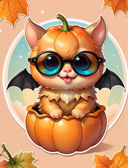 <lora:SDXLCutePets:1> cutepets, an adorable super cute  kawaii pumpkin spice bat with sunglasses,  high quality, digital art illustration, sticker art