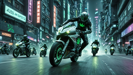 masterpiece, best quality,hyperrealistic,masterpiece,420futurism,
motorcycle race in the street of a cyberpunk dark city, during the night, highspeed, futuristic, high speed, sense of motion, dynamics, detailed motorcycles, 
 <lora:420Futurism:0.8>
