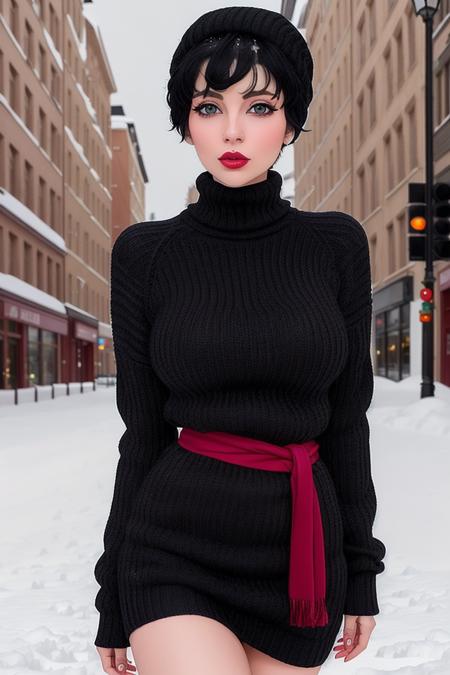 photo of a woman, <lora:rocketbabey-05:0.7>, rocketbabey,((short hair, pixie cut, black hair)), ((pale skin)), ((turtleneck sweater dress):1.1),((cowboy shot, waist, hips, thighs):1.1),((walking, outdoors, city, snow):1.2),((red lipstick,heavy eyeliner, heavy eye shadow, blush):1.2), ((scarf, warm hat, thighhighs)), ((best quality, masterpiece, extreme details, high resolution):1.2),((detailed eyes, beautiful eyes, detailed face, beautiful face):1.2)