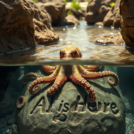 a very detailed close picture of an octopus on a beach half in the water between rocks and water sea plants, sunny beach, "AI is Here" logo engraved  on rock under water