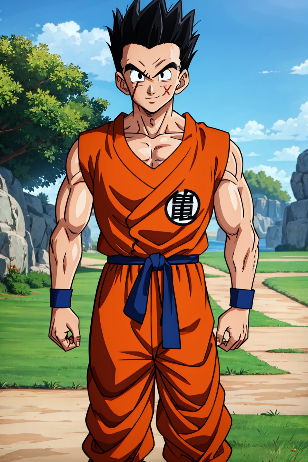 (8k, best quality, masterpiece:1.2),yamcha, male focus, 1boy, black hair, solo, scar on face, smile, muscular male, spiked...