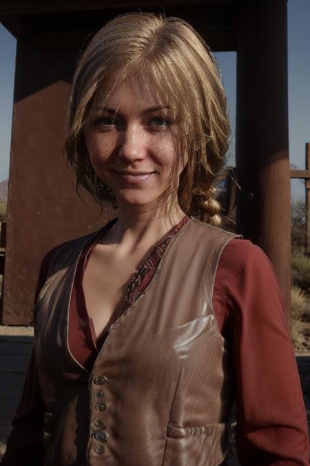 <lora:Carl:0.8> girl, carl, blonde hair, long hair, golden hair, sideswept hair,  ponytail, blue eyes, detailed eyes, large eyes, extreme eye detail, detailed face, (freckles:0.2), looking at viewer, small breasts, flat_chest, cleavage, smile, teeth, tomboy, cute, 
white blouse, unbuttoned at the top, vest, leather jacket, jeans, holsters, revolvers, rifle,
(((Ultra-HD-details))), desert, blue sky, arid, sunshine, sunshine rays on face, light on face, high noon, sharp light,
