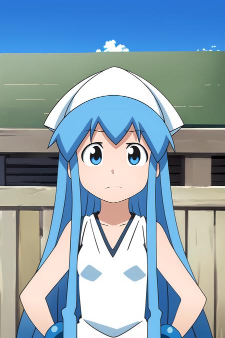 ((best quality)),((highly detailed)),masterpiece,absurdres,detailed face,beautiful face,(detailed eyes, deep eyes),(1girl),((dynamic pose)), <lora:squidgirl-19:1>, ika, 1girl, solo, blue eyes, long hair, blue hair, hat, dress, tentacle hair, looking at viewer, white dress, bracelet, jewelry, sleeveless, white headwear, collarbone, sleeveless dress, outdoors, very long hair, parody, closed mouth, frown, cowboy shot, standing, small breasts, bangs, breasts, night, sky, building, clenched hands, tentacles