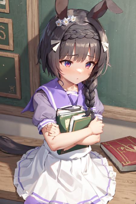 masterpiece, best quality,
zenno rob roy \(umamusume\),
classrom,
object hug, hugging book, looking away, from above, 
tracen school uniform, ear ornament, hairclip, summer uniform, serafuku, puffy short sleeves, purple bowtie, horseshoe ornament, sailor collar, sailor shirt, purple shirt, white skirt, pleated skirt, 
<lora:zenno_rob_roy_loha:0.7>