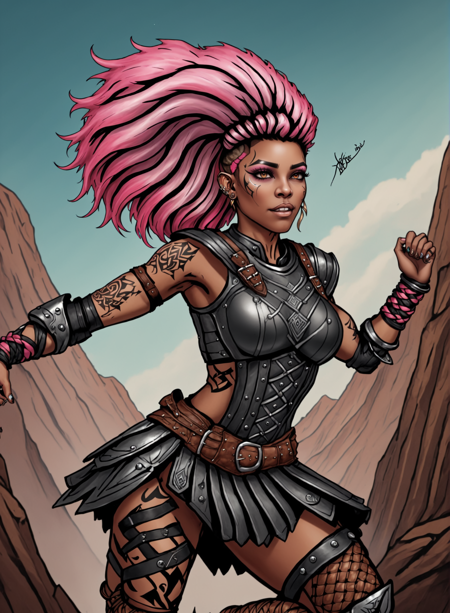 (masterpiece, best_quality, ultra-detailed, immaculate:1.3), epic, illustration, 1girl, feet out of frame, fierce elf mountain viking witchathletic, (leather armor:1.3), pauldrons, , (tattoos:1.4), matte pink hair, multcolored hair,Side Swept Dutch Braid, jumping, (african, dark skin:0.6), abstract background, in a stellar, steampunk workshop, bombshell hair, shiny silver hair, hime cut,Basket Weave Braid, bent over