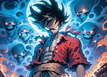 illustration, anime, Monkey D. Luffy, One Piece, vintage, port city, poster, in the style of [james jean], deathcore, [john pitre], detailed atmospheric portraits, oil painting, anime, biopunk, horror art, dark and intricate, unique illustrations, precisionist art, airbrush, mystical landscape, intricate psychedelic, dark azure and red, witchcore