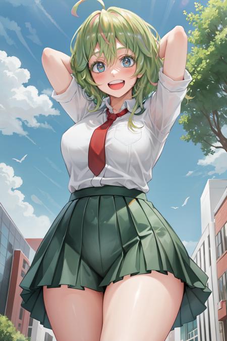 TooruU1, 1girl, solo, looking at viewer, green hair, blush, green eyes, messy hair, medium hair, medium breasts,bangs, hair between eyes, open mouth, smile, gloves, ahoge, blue gloves, multicolored hair, (teeth:1.2), cowboy shot, school uniform, white shirt, necktie, red necktie, skirt, pleated skirt, :d, collarbone, collared shirt, green skirt, u.a school uniform, short sleeves,  swewat, arms behind head, arms up, outdoors, day, clouds, buildings, school, trees, bushes, (from below:1.2),
BREAK
masterpiece, best quality, highly detailed background, perfect lightingbest quality ((shiny skin, glossy skin, detailed skin)),
 <lora:TooruU1:0.8>