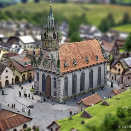 village church, people, wagon <lora:tilt-shift:1>