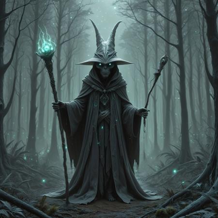fantasy concept art, alien wizard, witch hat and cloak, high quality, intricate details, glowing eyes, holding glowing staff in right hand, dark gloomy atmosphere, woods, alien forest, grayscale with neon accents, crazy looking staff, glowing stars, alienlandscapeslora, alien species