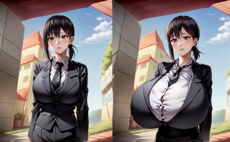 masterpiece, best quality, 1girl, higashiyama kobeni,  <lora:kobeni:1>, black hair, black eyes, short hair, short ponytail, side ponytail, bangs, single sidelock, hair ornament, <lora:breast_expansion-5:0.7>, (breast expansion:1.1),multiple views, gigantic breasts,(formal:1.2), necktie