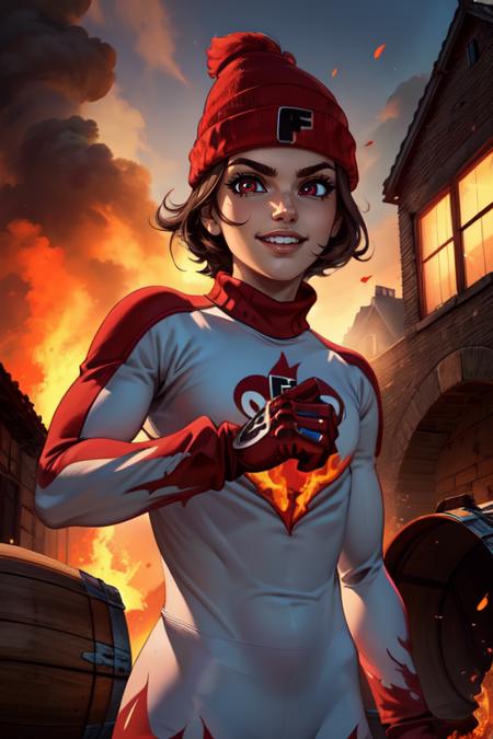 Heat, brown hair, red eyes, 
white and red body suit  with flames,  red beanie with letter F,   red gloves, 
solo, upper body, standing,  smile, 
burning building, windows, barrels, 
 (insanely detailed, beautiful detailed face, masterpiece, beautiful detailed eyes, best quality) 
 <lora:heat-10:0.7>