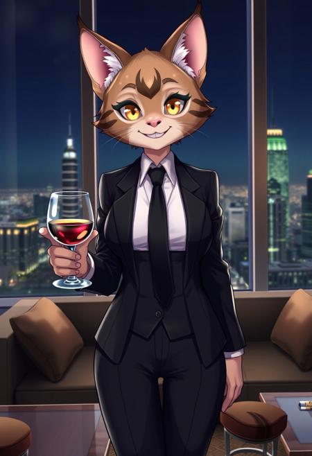 score_9, score_8_up, score_7_up, highres, high quality, perfection, masterpiece, Expressiveh, #
###
1girl, solo, front view, cowboy shot, #
###
detailed body, detailed fur, detailed face, detailed eyes, perfect eyes, #
###
furry female, anthro tabby_cat girl, adult girl, beautiful girl, cute girl, shapely girl, slim girl, petite girl, (bald_girl: 1.2), (baldness: 2.0), beautiful face, eyelashes, yellow eyes, whiskers, large breasts, long tail, #
business suit, black suit, suit jacket, white shirt, black tie, #
standing, grin, holding wine glass, looking at viewer, #
###
indoors, luxury room, penthouse, sofa, coffee table, big window, night, city, city_lights,