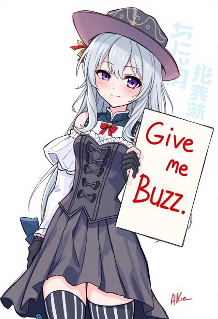 score_4,score_5,score_6,score_7_up,score_8_up,score_9 ((masterpiece,best quality,ultra detailed,highres,HD,4k:1.2)), 
Araki,sketch,
gloves, corset, detached sleeves, fingerless gloves, gloves, hat, juliet sleeves, long sleeves, magical girl, puffy sleeves, skirt, striped, striped thighhighs, thighhighs, thighs, vertical stripes, vertical-striped thighhighs, 
grey hair,long hair,Forehead,parted bangs,purple eyes,Droopy eyes,shaded face,
outdoors,
(("Give me Buzz.",Beggars Borad,Holding a sign, holding a sign that says, "Give me Buzz.")) wink,happy,blush, looking at viewer, smile,,