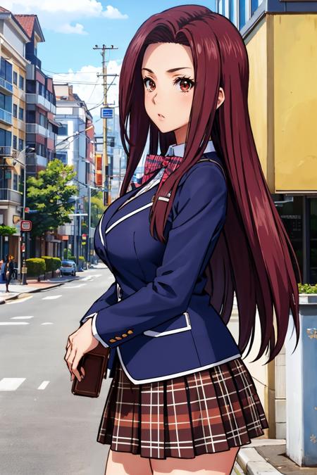 masterpiece, best quality, <lora:sakakiryouko-nvwls-v1-000008:0.9> sakaki ryouko, blue blazer, bowtie, plaid skirt, large breasts, cowboy shot, from side, looking at viewer, surprised, city street