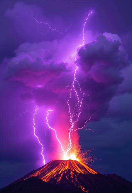 purple lightning over an erupting volcano, lightning strikes in the clouds of soot of the volcano
