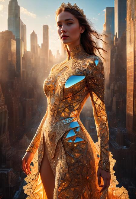 ((best quality)), ((masterpiece)), (detailed), (1girl) in the style of wlop, wearing a beautiful long hyper detailed dress made of fractals. a fractal universe behind her, golden hour, manhattan.