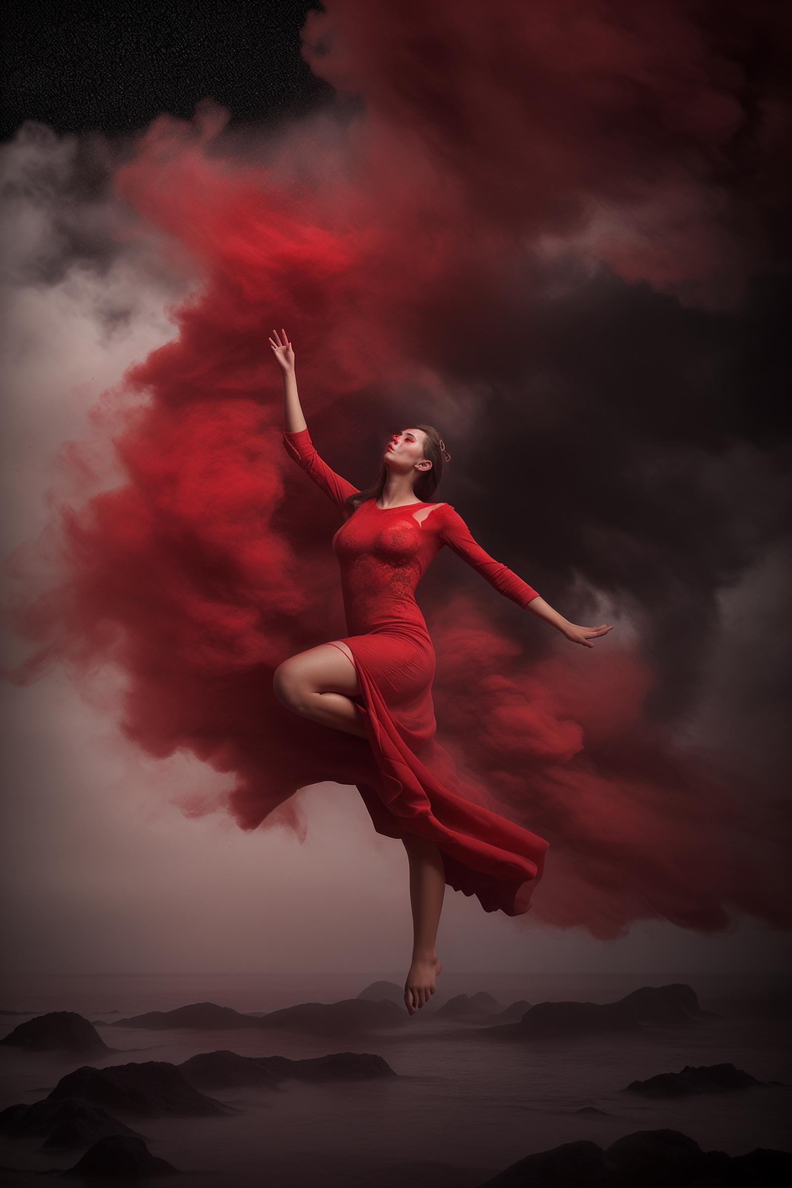 A woman in a red dress dancing in a cloud of red smoke.