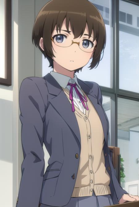 manamitamura, <lora:manami tamura s2-lora-nochekaiser:1>,
manami tamura, short hair, brown hair, (grey eyes:1.3), glasses,
BREAK skirt, school uniform, jacket, blazer, grey skirt,
BREAK indoors, classroom,
BREAK looking at viewer, (cowboy shot:1.5),
BREAK <lyco:GoodHands-beta2:1>, (masterpiece:1.2), best quality, high resolution, unity 8k wallpaper, (illustration:0.8), (beautiful detailed eyes:1.6), extremely detailed face, perfect lighting, extremely detailed CG, (perfect hands, perfect anatomy),