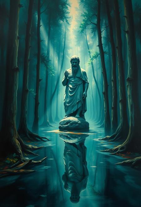 A dramatic painting with intense lighting and rich, deep teal tones. High contrast is used to create tension.  A first-person perspective shows the transformation into a stone statue reflected in a forest mirror. Luxurious and vibrant colors highlight the scene.
