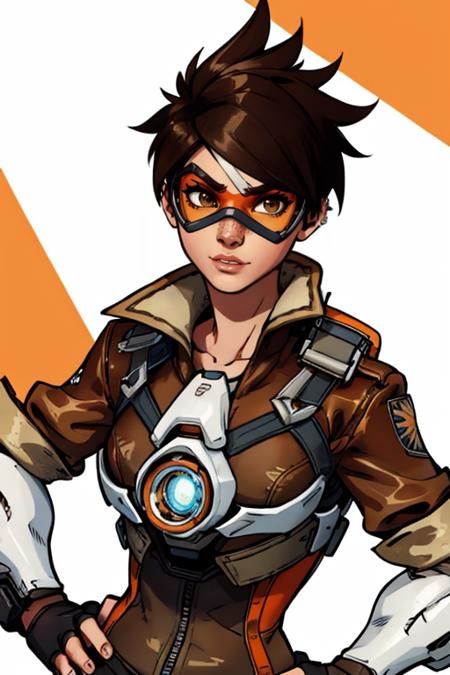 masterpiece,best quality,extreme detail,8k,image sharpness,<lora:Tracer-10:0.8>, Tracer2,1girl,solo,looking at viewer,short hair,bangs,brown hair,brown eyes,jewelry,jacket,upper body,earrings,character name,lips,spiked hair,goggles,sleeves rolled up,freckles,brown jacket,nose,emblem,leather,harness,leather jacket,chest harness,bomber jacket,orange goggles,