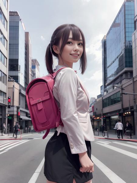 RAW photo, portrait, best quality, high res
a women with light smile is carrying randoseru backpack and wearing business jacket suits and business skirt in Marunouchi Tokyo district with a lot of sky high commercial buildings, view from side
<lora:randoseru_v1.3:1>
<lora:real_model_suppin:-0.8>