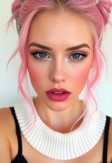 pink haired, maximal makeup, lip bite, blush