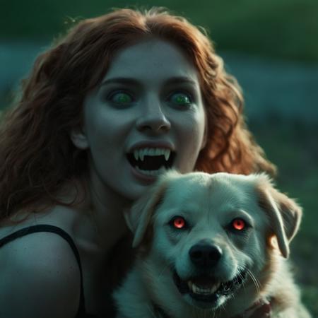 cinematic film still of  <lora:vampire style v2:0.9>
 <lora:celluloid film skintone color style:0.3>
From above Vampire pale skin undead creatures of the night a woman with red hair holding a dog while looking up in tears at moonlight,1girl,solo,long hair,looking at viewer,smile,black hair,green eyes,teeth,lips,realistic,dark,cinematic,filmic,realistic,movie still,horror themed,vampire style , detailed, detailed background, detailed scene, detailed teeth, detailed fangs, shallow depth of field, vignette, highly detailed, high budget, bokeh, cinemascope, moody, epic, gorgeous, film grain, grainy