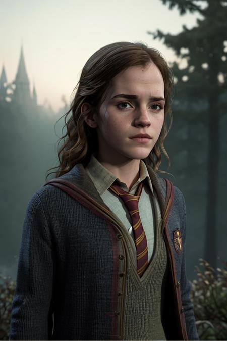 dld_hergra, dressed, Hogwarts school uniform,  Hogwarts, full body, from front, realistic, 3d, solo, dark dense forest, wind, fog, night, natural skin texture, 24mm, soft cinematic light, adobe lightroom, photolab, hdr, intricate, elegant, highly detailed, sharp focus, ((((cinematic look)))), soothing tones, (((insane details, intricate details, hyperdetailed,4k textures))), low contrast, soft cinematic light, dim colors, exposure blend, hdr, faded, (Style-Renaissance:0.4), <lora:hogwartsUniformsFour_hoguuni:0.4>, hogrobe, black robe, red tie, gryffindor,<lora:breastinclassBetter_v14:0.3>, <lora:hipoly3DModelLora_v20:0.5>,<lora:epiNoiseoffset_v2:0.3>