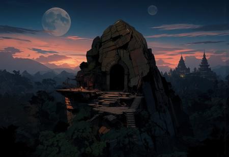 Top-down view, with the horizon line at the top of the image. Aerial view of an ancient temple in the middle of a lush forest. The scene takes place on another planet, as two moons are visible in the sky—one very large and the other smaller. The temple is perched on a massive rocky spur, overlooking the vast tropical forest. It is carved directly into the rock, with a colossal doorway leading into the depths of the stone. The temple is harmonious, made of stone, exuding an ancient and mystical presence.
Several platforms extend from the rocky foundation of the temple, with intricate stairways leading up to the immense entrance. In the distance, two other ancient temples can be seen, also clinging to rocky spurs high above the forest. The temples are surrounded by an endless expanse of dense, tropical vegetation.
The sky remains luminous as the sun sets, casting a stunning blend of deep blues and warm oranges. The atmosphere is nocturnal, with breathtaking twilight hues. The composition is beautifully balanced, with expertly crafted lighting and contrast. The sunset bathes the landscape in a dramatic glow, and careful attention is given to the projection of shadows, enhancing the depth and realism of the scene.